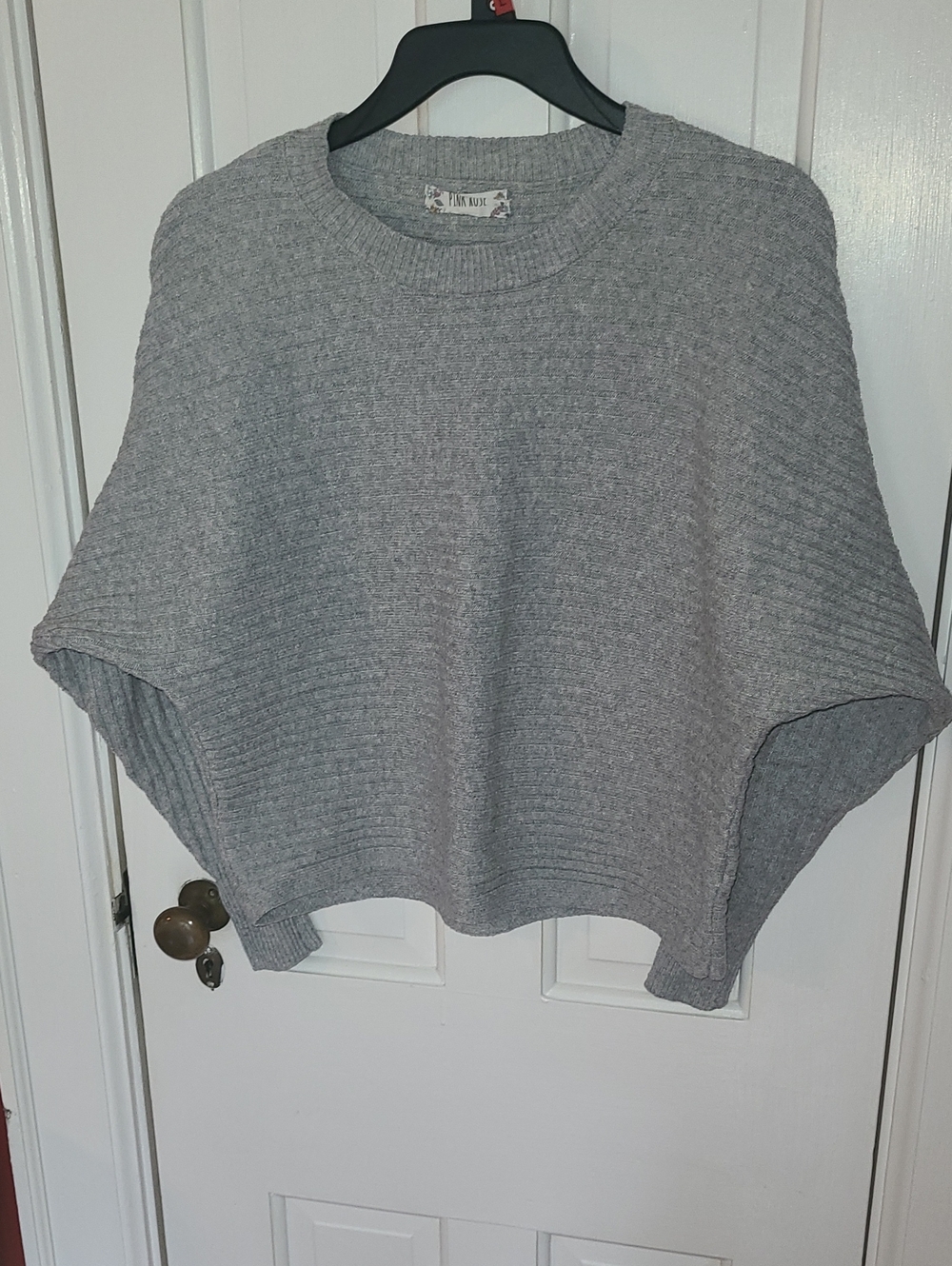 Pink Rose, Cozy Grey Rib-Knit Women's Sweater With bat Wings, Small